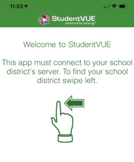 StudentVue app screen directing to swipe left to find school district
